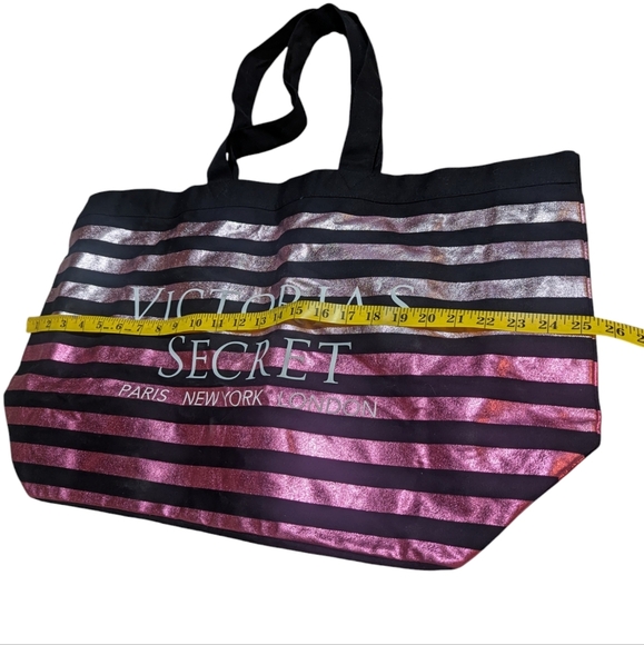 VS Large Canvas Striped Tote Bag Metallic Pink Ombre Beach Travel Weekender - Picture 4 of 7